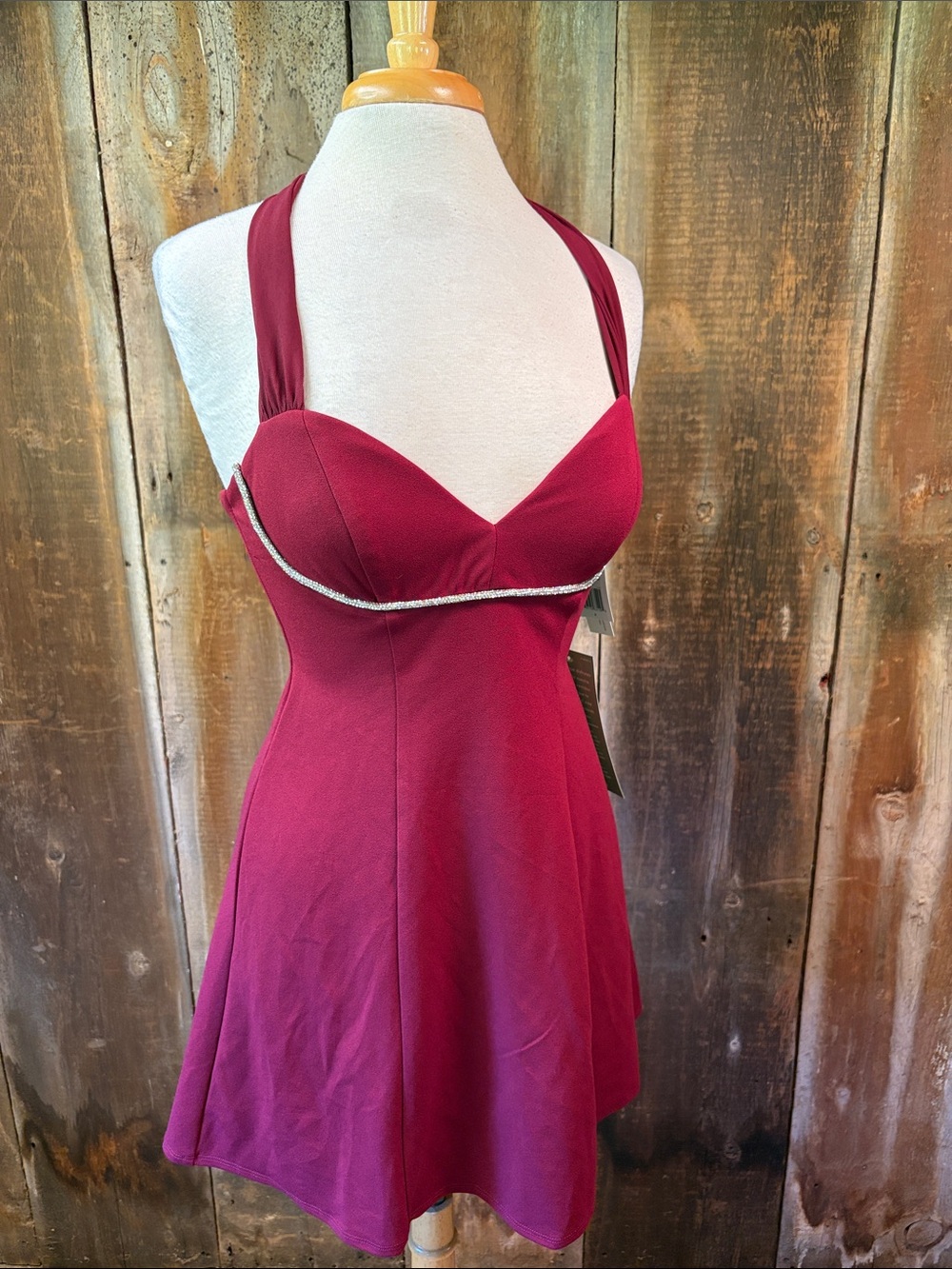NWT City Triangles JC Penny Burgundy Rhinestone trim Halter neck Mini Dress 4